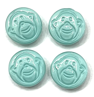 Vintage Set of 4 Aqua Color Incised MONKEY FACE Glass Buttons - 1/2" (S) - Image 1 of 4