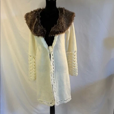 Apostrophe cream crochet open cardigan sweater brown faux fur collar size M 8-10 - Image 1 of 4