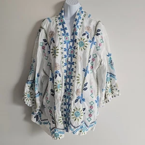 Johnny Was Oriel Kimono Lino Donna 3X Giacca Bianca Ricamata Boho Coastal - Foto 1 di 7