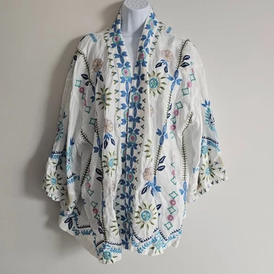 Johnny Was Oriel Kimono Linen Womens 3X White Jacket Embroidered Boho Coastal - Image 1 of 4