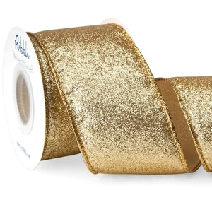 Gold Glitter Wired Ribbon with Gold Metallic Edge,Christmas Ribbon for Wreath... - Picture 1 of 6