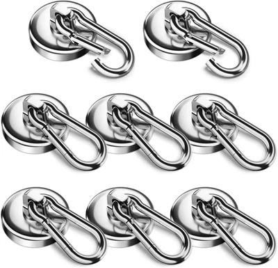 BRANDED 8Pack 100LBS Neodymium Magnet Hooks w Swivel Carabiner,Strong HeavyDuty Magnetic