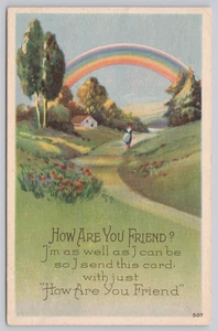 White Border Postcard How are You Friend Poem Rainbow Country Road - Picture 1 of 2