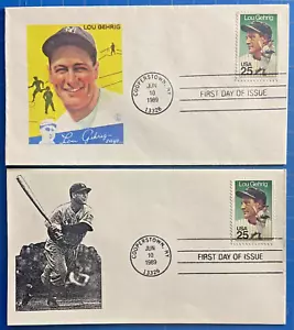 Two Different U.S. #2417 25¢ Lou Gehrig FDCs (Gary) Hudeck Cachets (1989) - Picture 1 of 5