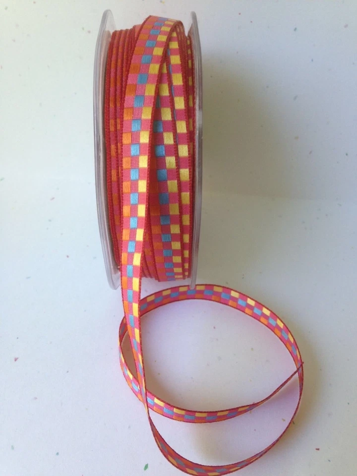 Cinta a cuadros tejida de 3/8 pulgadas - May Arts - MN42 - Naranja/Amarillo Turq. - 50 yardas. Foto 1 de 1