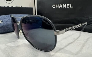 CHANEL Sunglasses AUTHENTIC 4219Q CH4219Q Black Leather CC Blue Aviator Chain - Picture 1 of 14