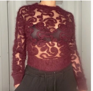 H&M Angora Knit Sheer Tulle Mesh Burgandy Red Sweater Jumper US 6 Eur 36 *RARE* - Picture 1 of 7