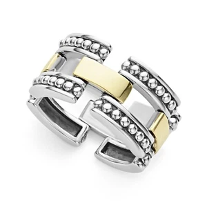 LAGOS High Bar Caviar Link Band Ring Sterling Silver & 18K Yellow Gold Size 6 - Picture 1 of 6
