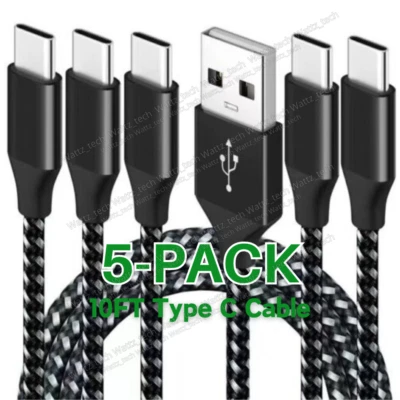 Упаковка из 5 плетеных кабелей USB C типа C для быстрой зарядки данных зарядного устройства шнур длиной 10 футов лот - Изображение 1 из 4
