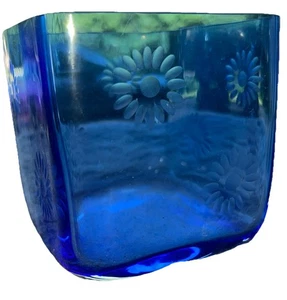 Crystal Art Poland Blue Etched Daisy SunFlower Square Glass Vase Bowl Rare - Picture 1 of 10
