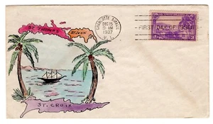 #802 Virgin Islands Territory Gladys Adler Hand Painted Cachet 1937 FDC - Picture 1 of 2