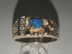 Mens 10k Solid Yellow Gold Nugget Natural Australian Black Opal Ring Size 9.75