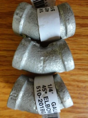 Lot of 3 Mueller B&K 1/4" Galvanized 45 Degree Elbow Pipe Fitting 3 Pk .25" - Image 1 of 4