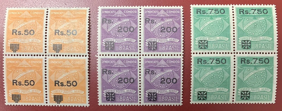 Brazil, 1930, Scott #1CL10, 1CL11, 1CL13, Blocks of 4, Mint, N.H., Condor Issues - Image 1 of 1