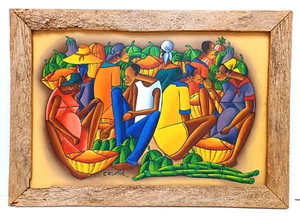 LISTED HAITIAN LAURENT CASIMIR SIGNED ORIGINAL O/C FIGURES DRIFTWOOD FRAME - Picture 1 of 12