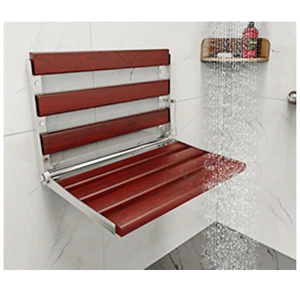 Foldable Wall-Mounted Shower Seat 20" Red-Brown Wood Stainless Steel Frame - Picture 1 of 11