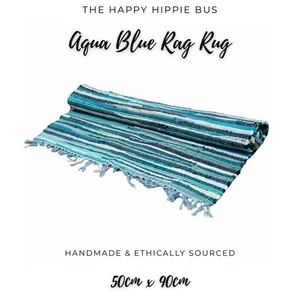 Handmade Chindi Rag Rug Aqua Blue 100% Recycled Cotton Small Woven Floor Mat - Picture 1 of 2