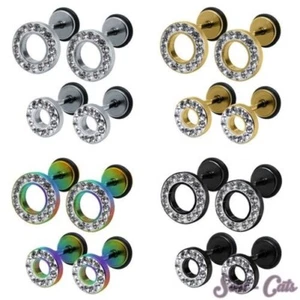 1 Pair Fake Plugs Round with Rhinestones Ear Earring Stainless Steel Silver Gold - Picture 1 of 5