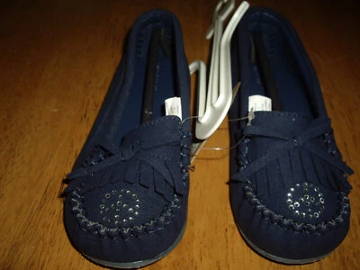 NEW Girls Size 11 Crazy 8 Navy Blue Mocassin Shoes Fringe Peace Sign Rhinestones - Image 1 of 4