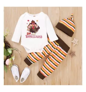 KIMI BEAR Newborn Boys Romper Thanksgiving Outfit 3pc Set Size 6M - Picture 1 of 8