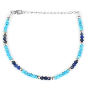 Natural Gemstone Lapis Lazuli & Turquoise 925 Sterling Silver Beaded Bracelet - Picture 1 of 4
