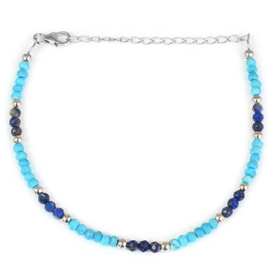 Natural Gemstone Lapis Lazuli & Turquoise 925 Sterling Silver Beaded Bracelet - Image 1 of 4