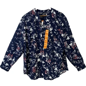 Hilary Radley Blouse Top Woman XXL Blue Floral Pop Over Long Sleeve Casual New - Picture 1 of 10