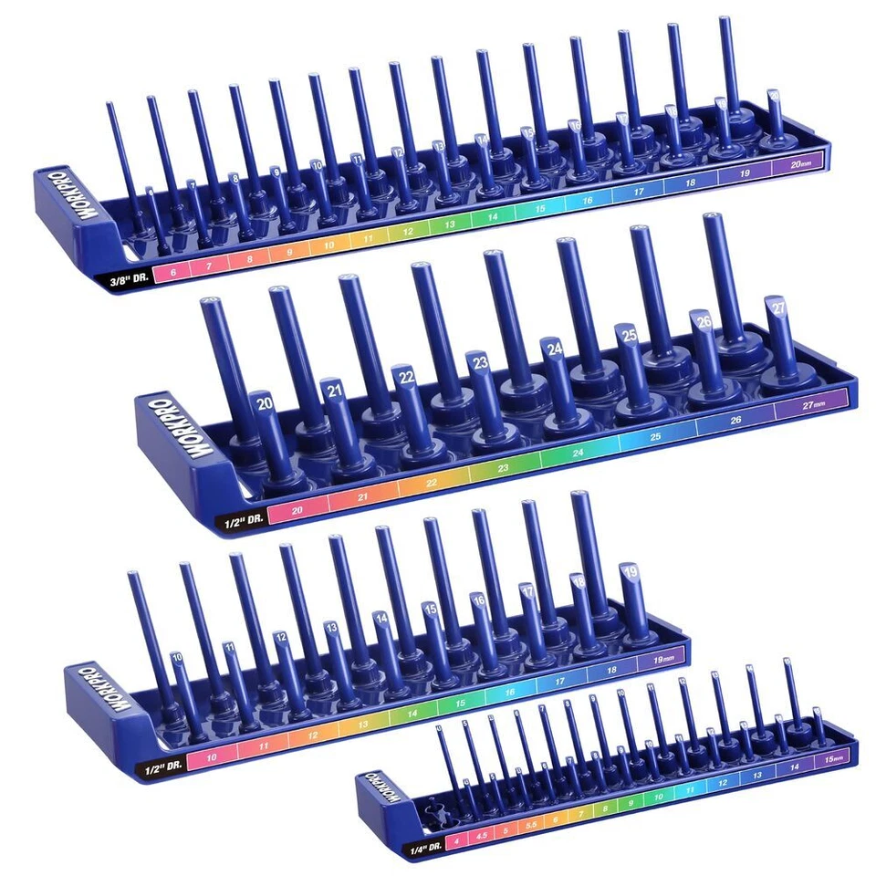 WORKPRO 4PC Metric Socket Organizer Set Socket Holder 1/4" 3/8" 1/2" Socket Tray - Image 1 of 4