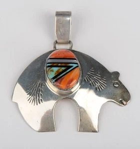 Vintage Native American Bear Sterling Silver Inlay Pendant Signed RB 1.48" - Picture 1 of 16