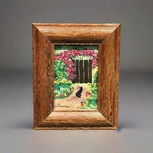 Vintage Original Ölgemälde schwarze Katze gerahmt Miniatur Kunst signiert von "Laura" - Bild 1 von 7