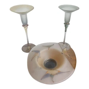 GEEA HAND-MADE & HAND-PAINTED ROMANIAN GLASS DISH AND CANDLESTICK HOLDERS - Picture 1 of 15