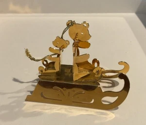 Vintage 1990s Danbury Mint Gold Plated "Bears On Sled” Christmas Ornament NRMT - Picture 1 of 1