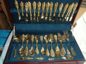 Cubiertos barrocos florales ornamentados dorados FB Rogers GRAND ANTIGUOS 64 piezas - Imagen 1 de 11