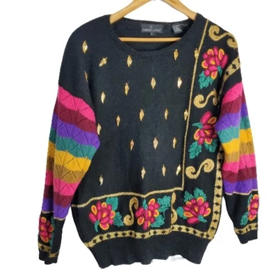 Berloques metálicos vintage Carole Little suéter feminino lã grande preto arco-íris anos 90 - Imagem 1 de 4