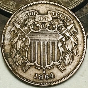 1864 Two Cent Piece 2C Civil War Date Large Motto US Copper Coin CC28417 - Picture 1 of 5