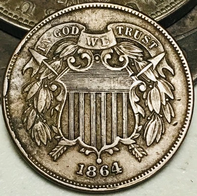 1864 Two Cent Piece 2C Civil War Date Large Motto US Copper Coin CC28417 - Image 1 of 4