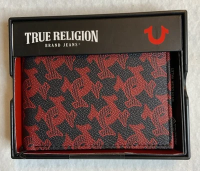 True Religion Hombres Rojo Negro Cuero Genuino Talla Única Savoy Cartera Plegable Nueva Foto 1 de 4