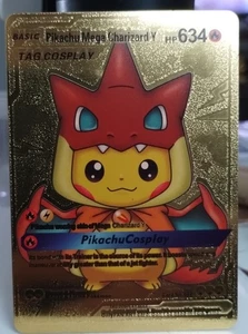 Tarjeta Pokémon Pikachu Mega Charizard Etiqueta Y Cosplay Lámina Dorada Fan Art Exhibición LP - Imagen 1 de 2