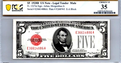 $5 1928-B Legal Tender MULE-FANCY SERIAL # PCGS 35 CVF Fr. 1527m - Image 1 of 3