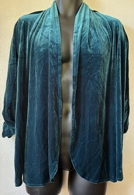 Susan Graver Green Velvet Open Drape Cardigan L Ruched Sleeves Holiday Party - Image 1 of 4