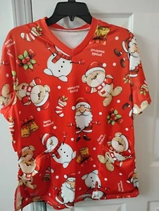 Basic Red Holiday Christmas Santa/Teddy Bear Scrub Top Size 2X - Picture 1 of 1