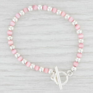 Nouveau bracelet perles en verre rose chaîne argent sterling 6 pouces 5 mm fermoir à bascule