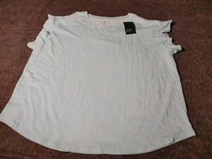 NWT Crown & Ivy Pretty Aqua Ruffle Sleeve Crew Neck Cotton Blouse 2X Plus Size - Picture 1 of 6