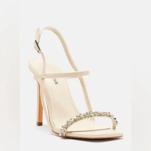 NWOT Fashion Nova slingback Rhinestone Heeled square toe Sandals BEIGE Size 8.5 - Picture 1 of 4