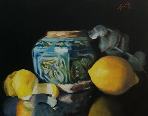Original still life lemons & turquoise Chinese pot oil painting, 8x10 inches. - Picture 1 of 5