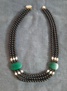 VINTAGE MALACHITE-ONYX -PEARL NECKLACE(STAMPED 14K CLASP-BEADS(18”-75g.) - Picture 1 of 8