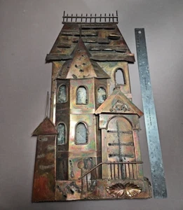 Metal Art Sculpture Brutalist Copper Wall Hanging Victorian Haunted House - Picture 1 of 18