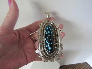 HUGE STERLING SILVER SIGNED AC OLD ONYX WITH INLAY DOT TURQUOISE PENDANT 51.9 G - Picture 1 of 9