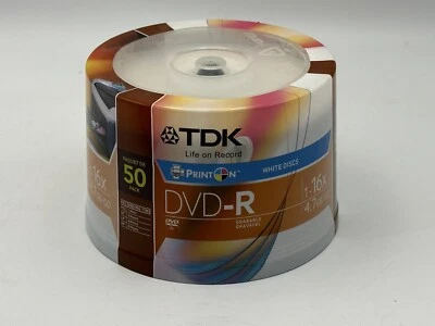 TDK DVD+R 50 Pack Blank Sealed New 16x Speed 4.7 GB Print On Discs Recordable - Image 1 of 4
