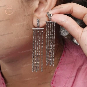 Pendientes colgantes de diamantes naturales de plata 925 con borla larga - Imagen 1 de 9